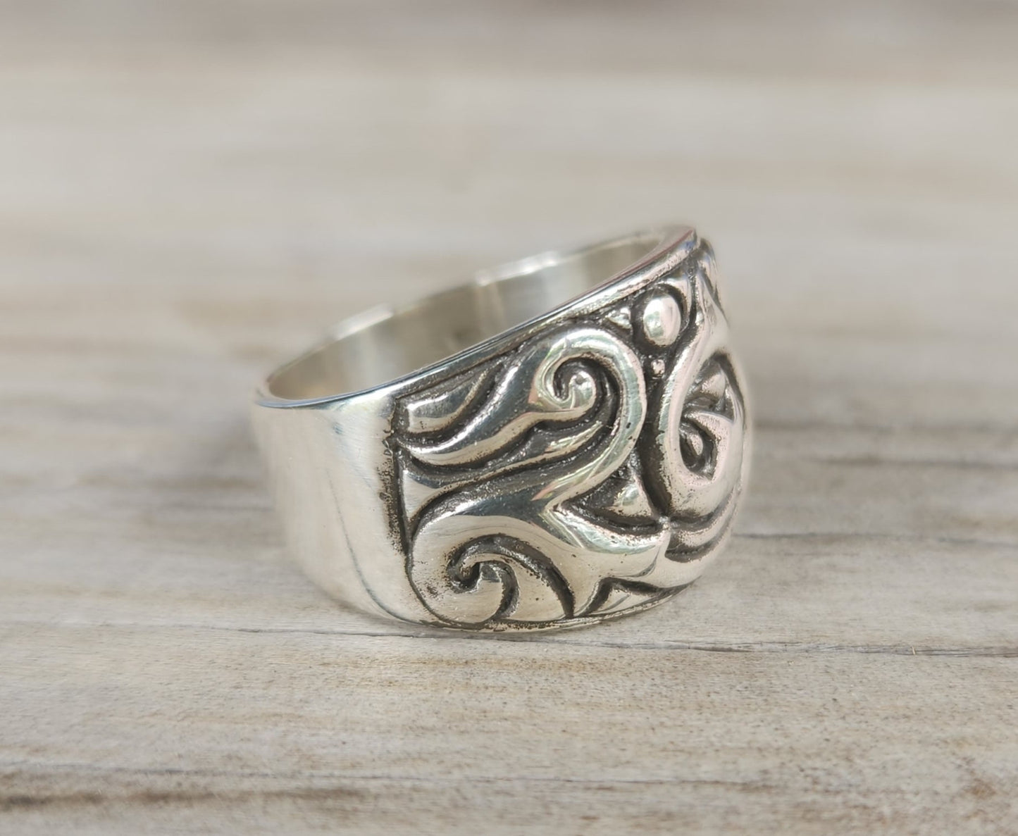 Wide silver band,sterling silver ring,ornate solid scroll, modern dress ring,unisex wedding band,chunky silver ring