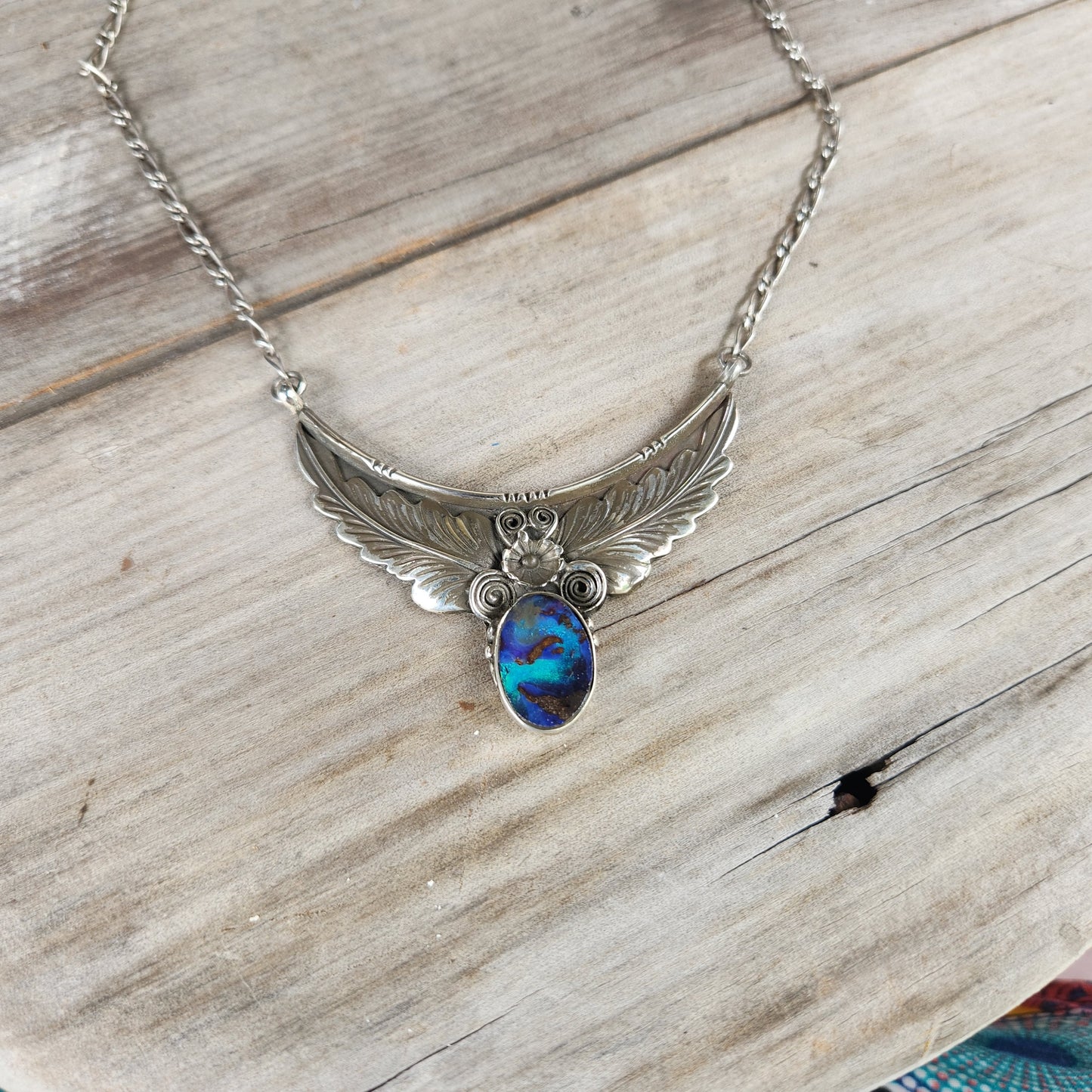 Large opal necklace.solid sterling silver, woodland leaves and flowers,Navajo Indian style necklace pendant