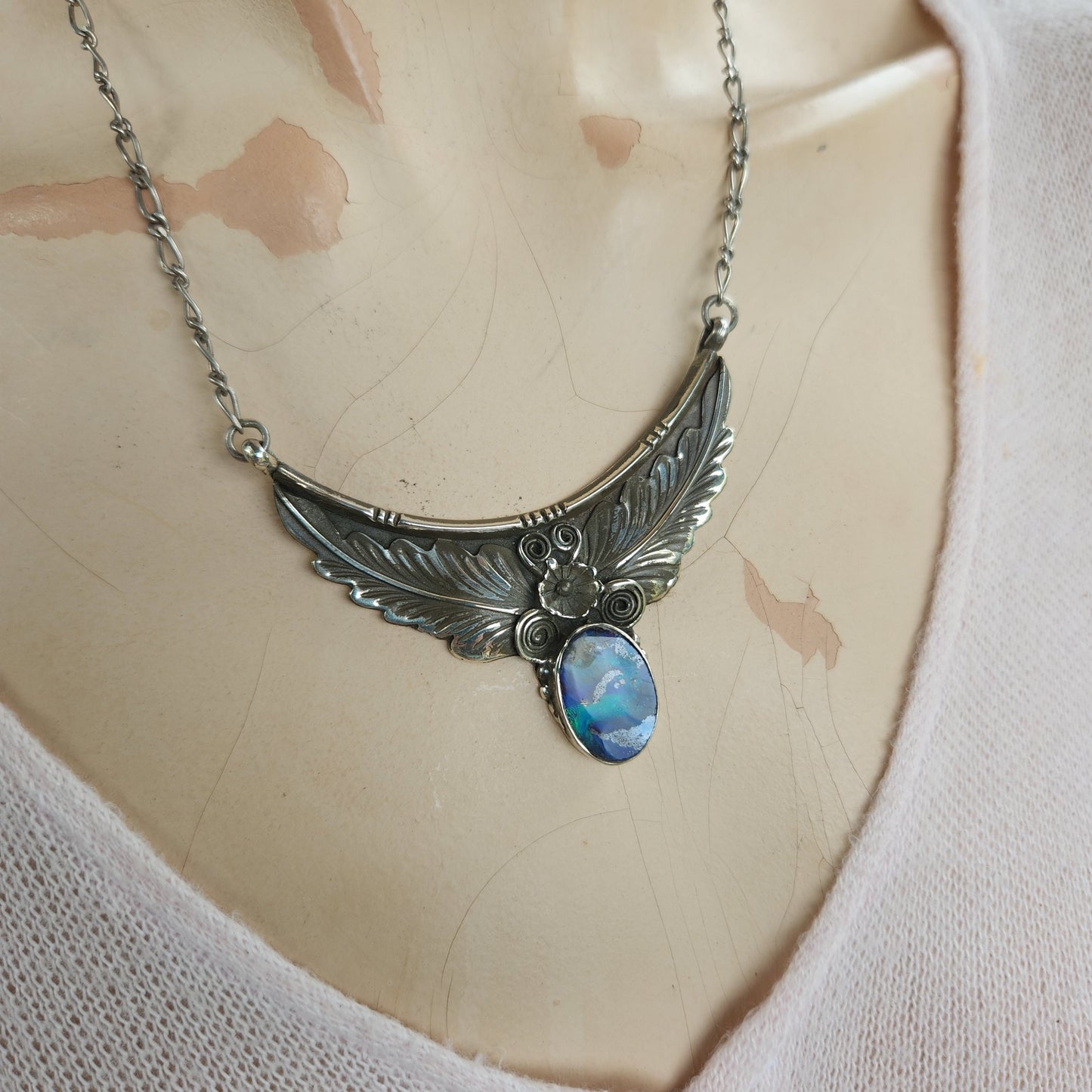 Large opal necklace.solid sterling silver, woodland leaves and flowers,Navajo Indian style necklace pendant