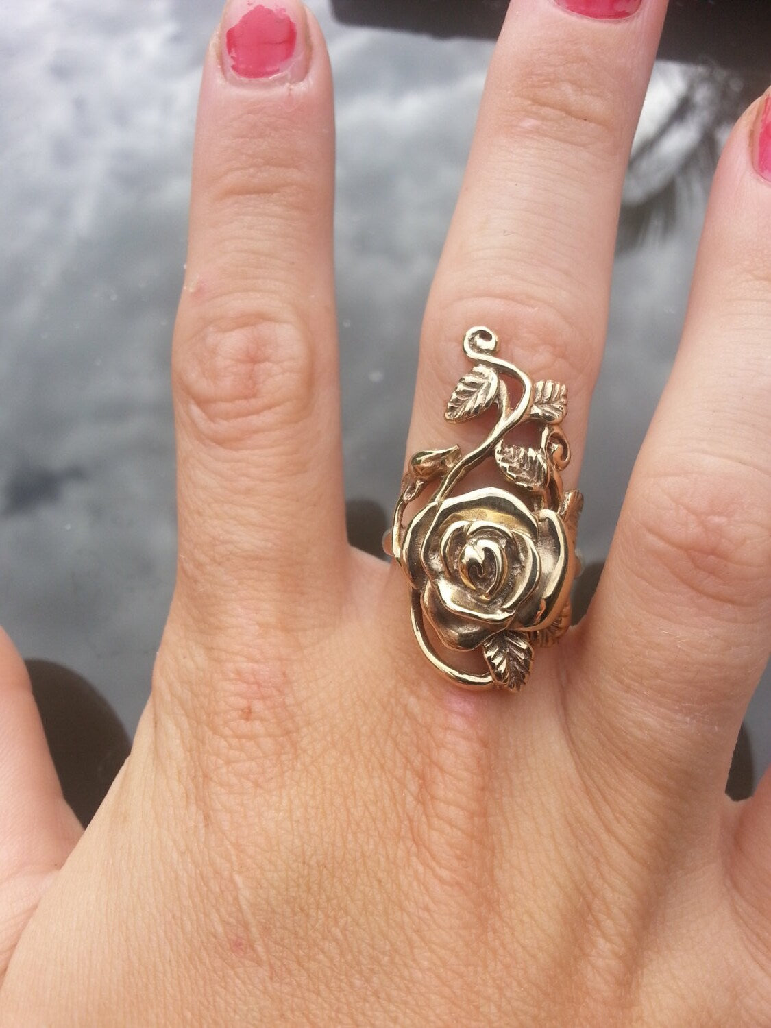 9k gold rose ring,9ct gold, long ring,handmade,goddess,boho,flower ring, altern steampunk gothic art nouveau victorian