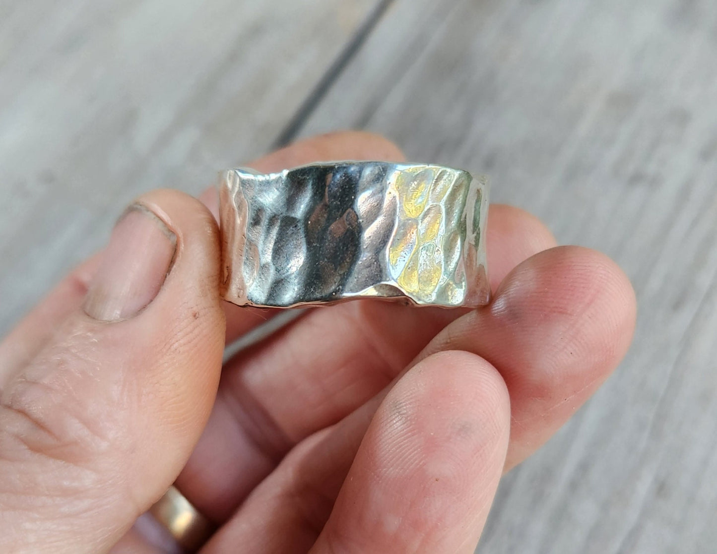 Wide hammered 925 sterling silver ring,13 mm heavy solid band, handmade,rustic mens wedding ring,distressed,mans industrial ring,nugget