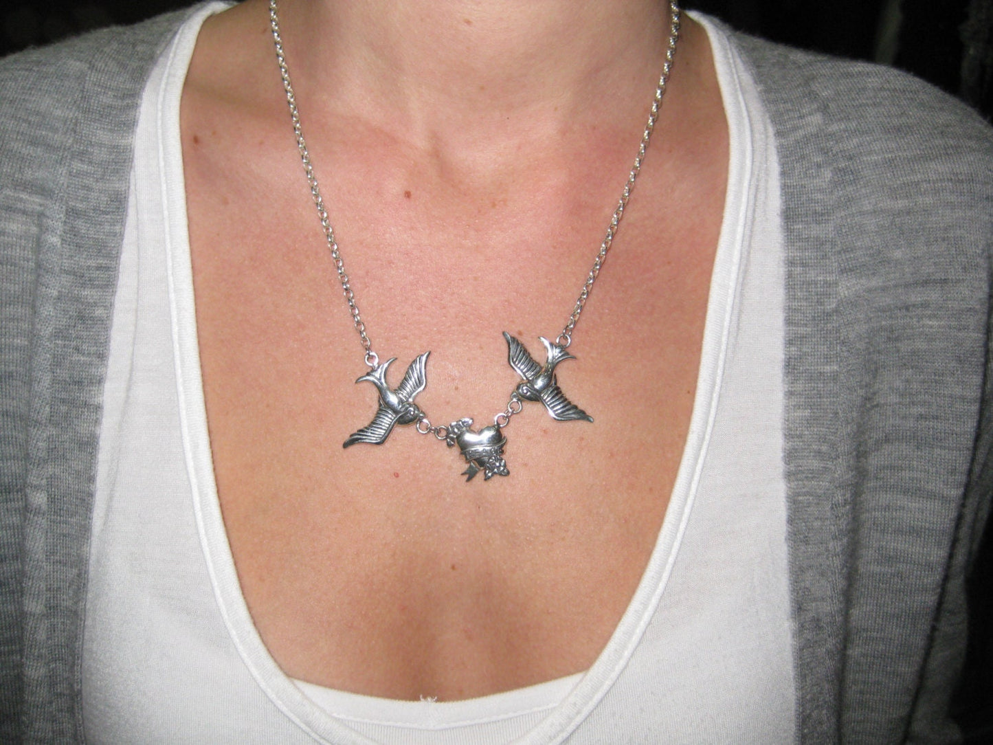 Large swallow necklace,925 sterling silver, bluebird, peace,heart necklace rockabilly steampunk gothic boho gypsy
