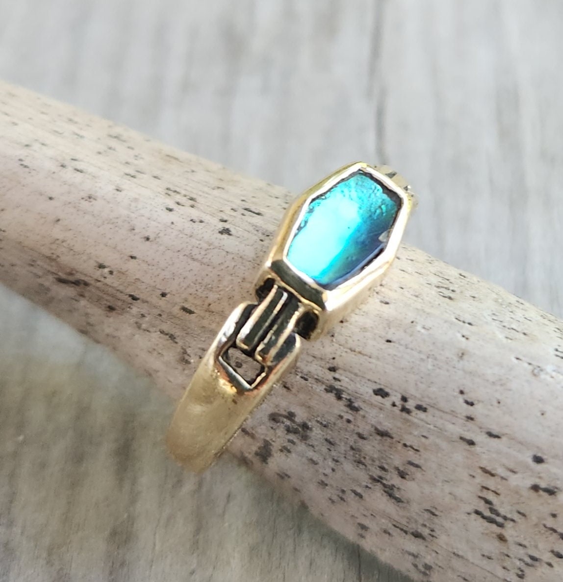 9ct gold paua shell ring,9k upcycled vintage ring, abalone,handmade,recycled petite gold band