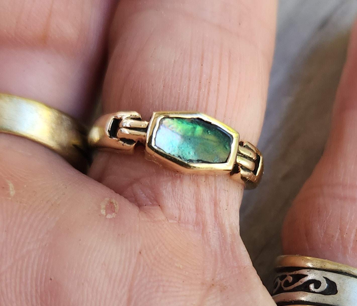 9ct gold paua shell ring,9k upcycled vintage ring, abalone,handmade,recycled petite gold band