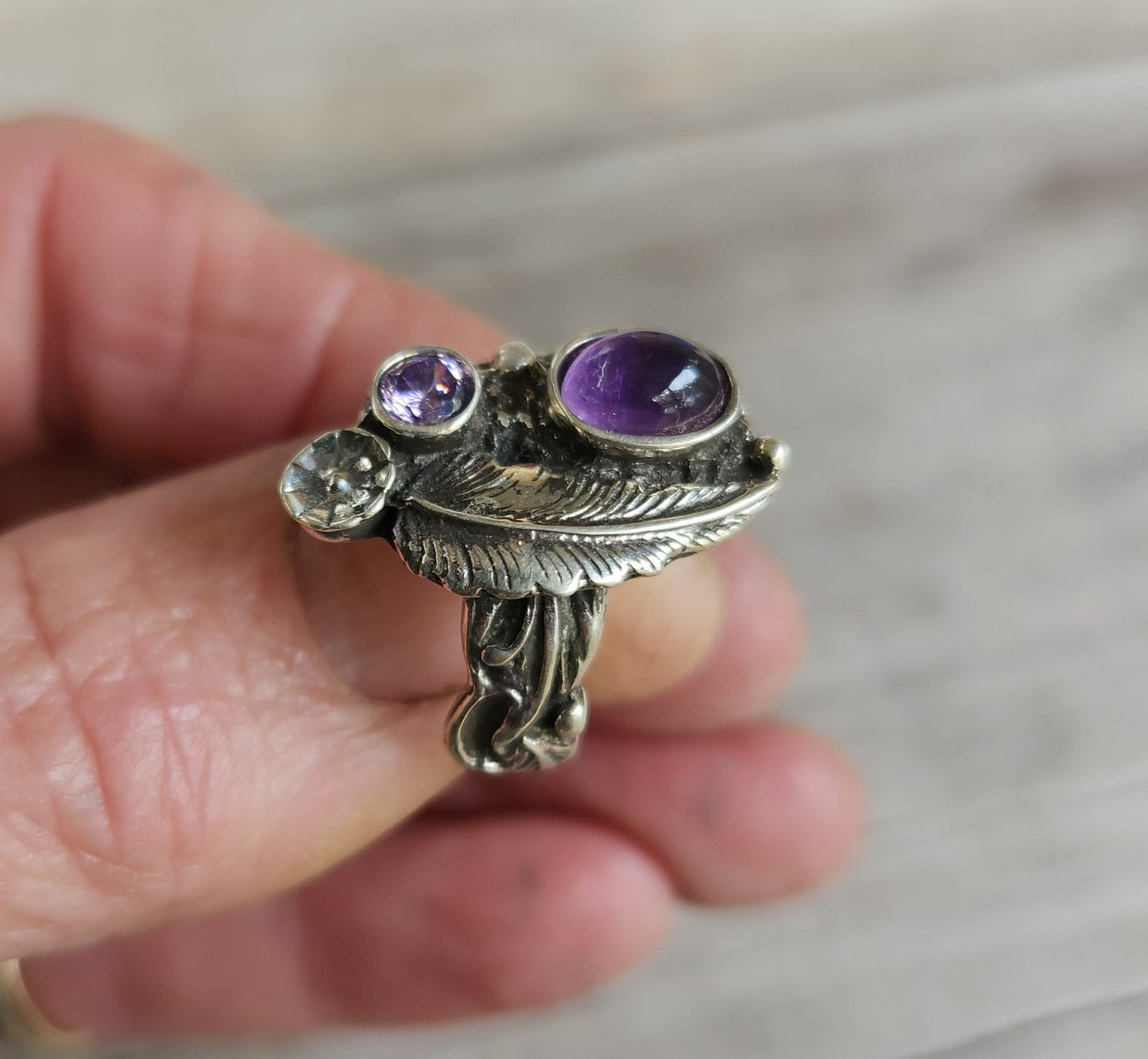 Amethyst flower ring, sterling silver,cz, alternative steampunk gothic art nouveau victorian flower rockabilly