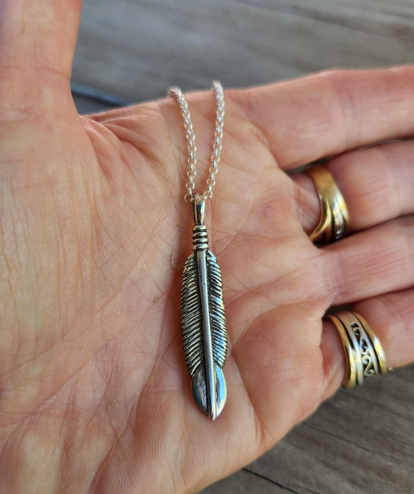 feather pendant,solid sterling silver,eagle,indian,gypsy,hippy,boho,long necklace