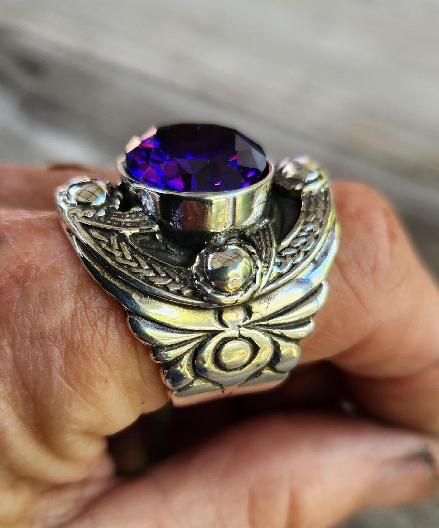 Large celtic ring,purple cz sterling silver,cubic zirconia,celtic ring,medieval,tribal,vintage,silver ring,shield,steampunk,celtic shield,
