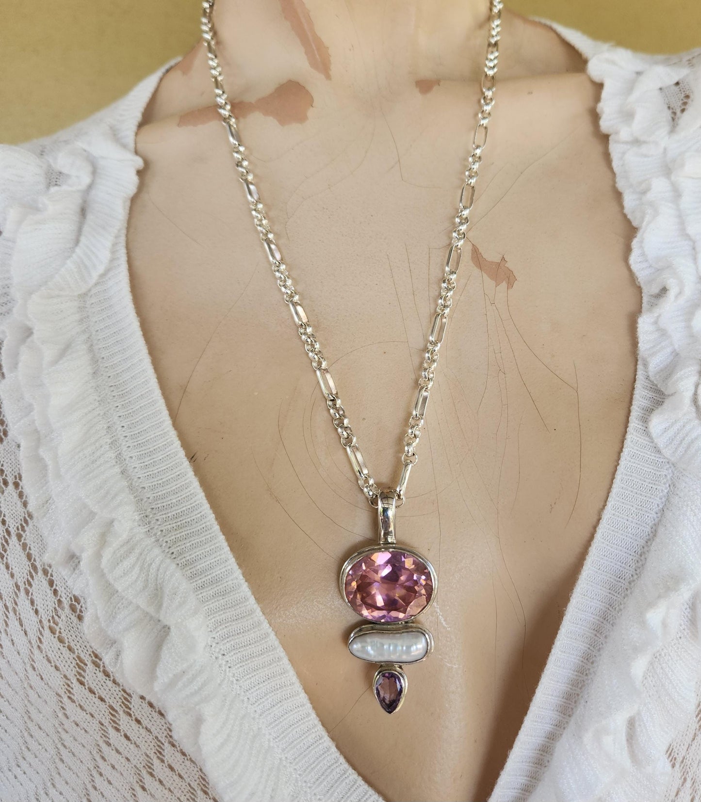 Large pink cz,pearl amethyst pendant,sterling silver,boho,,handmade,gemstone necklace