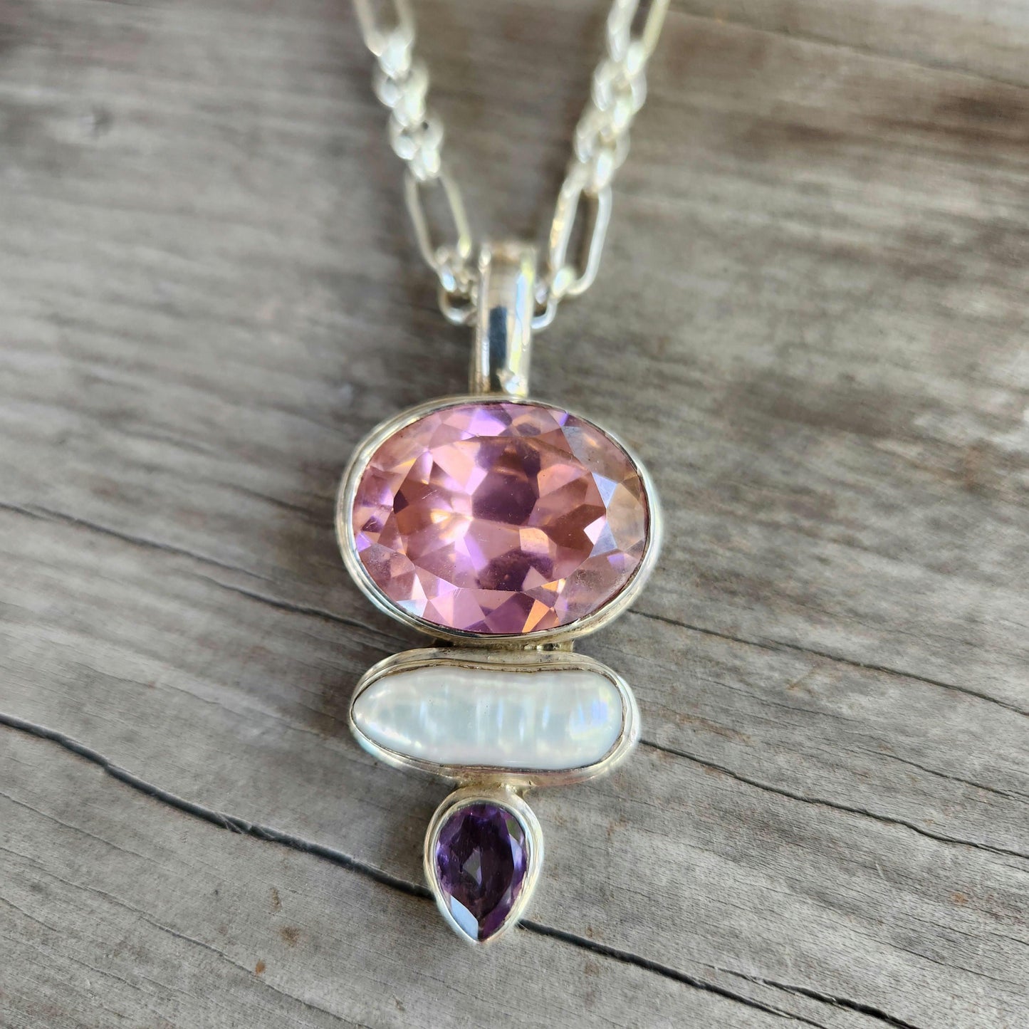 Large pink cz,pearl amethyst pendant,sterling silver,boho,,handmade,gemstone necklace