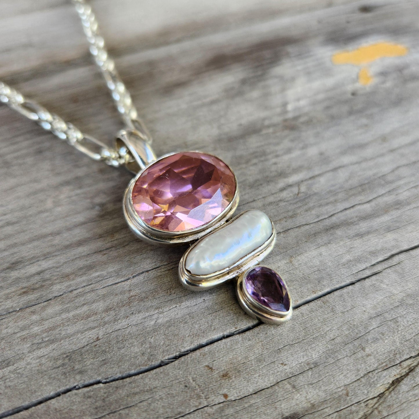 Large pink cz,pearl amethyst pendant,sterling silver,boho,,handmade,gemstone necklace
