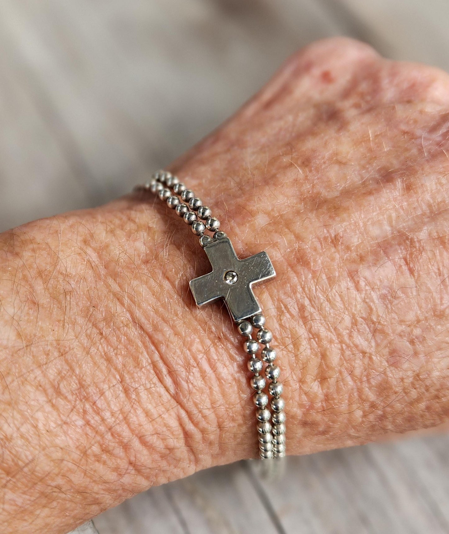 silver cross ball bracelet,sterling silver,cz,double ball chain,handmade,fine link bracelet,boho,