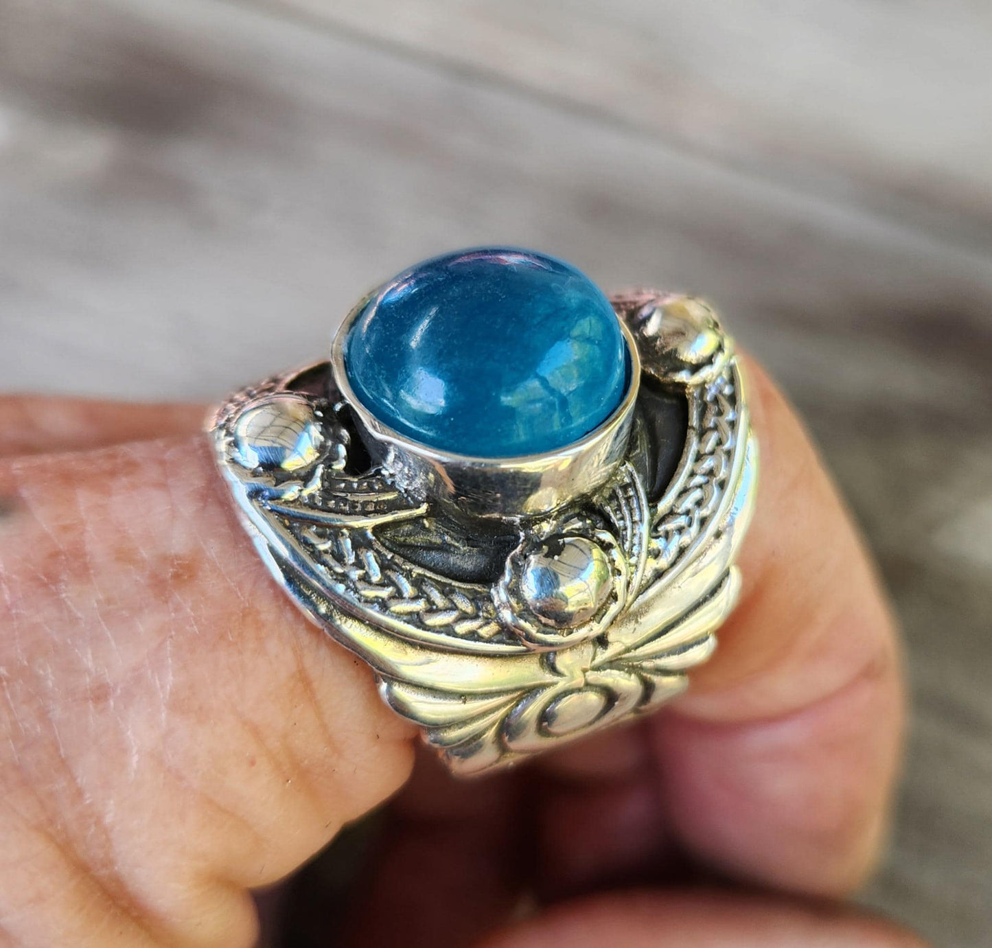 Large celtic ring,sterling silver, beautiful blue chalcedony or pink,chunky ring,medieval,tribal,large stone ring,shield,large mens gemstone