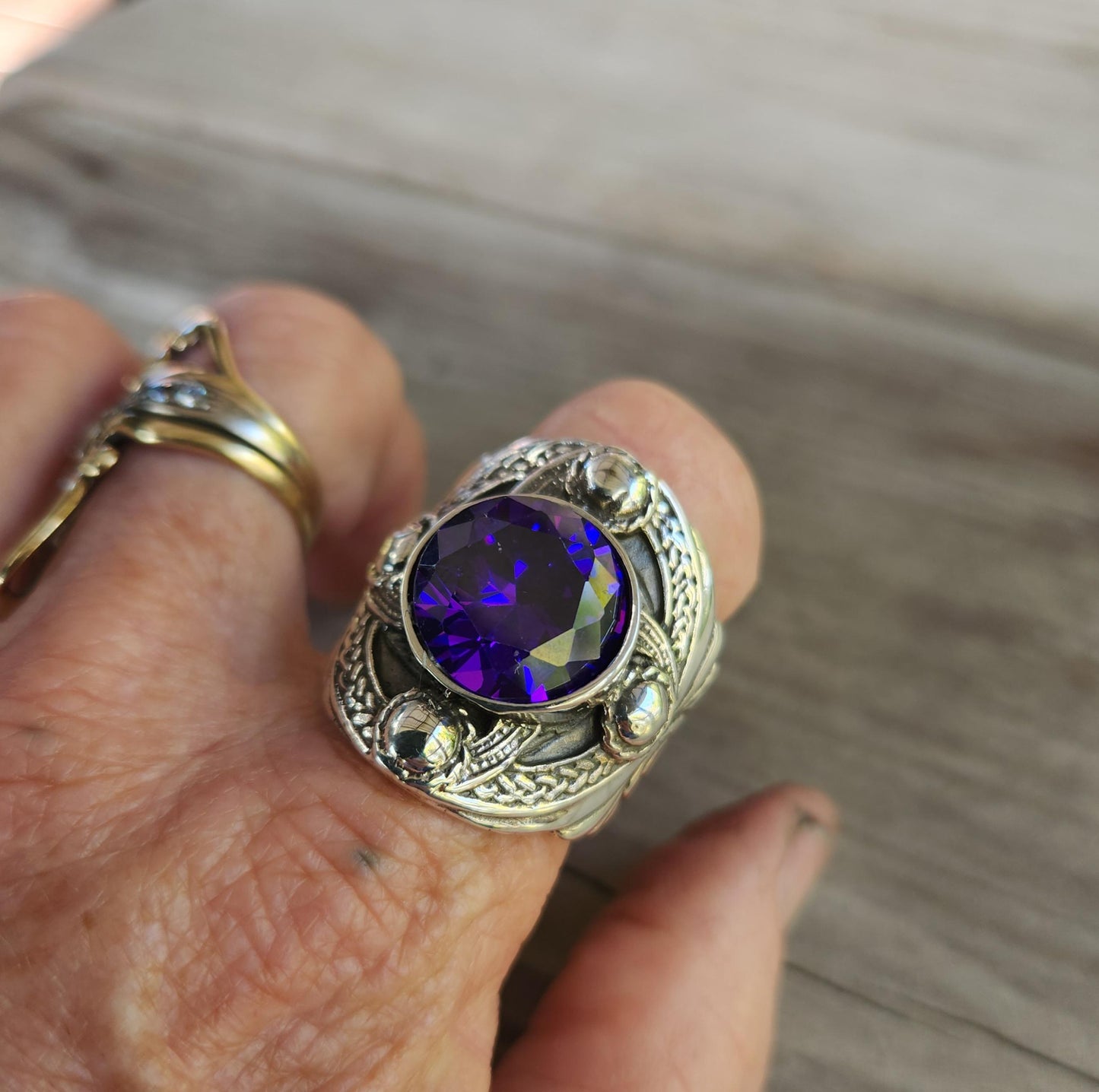 Large celtic ring,purple cz sterling silver,cubic zirconia,celtic ring,medieval,tribal,vintage,silver ring,shield,steampunk,celtic shield,