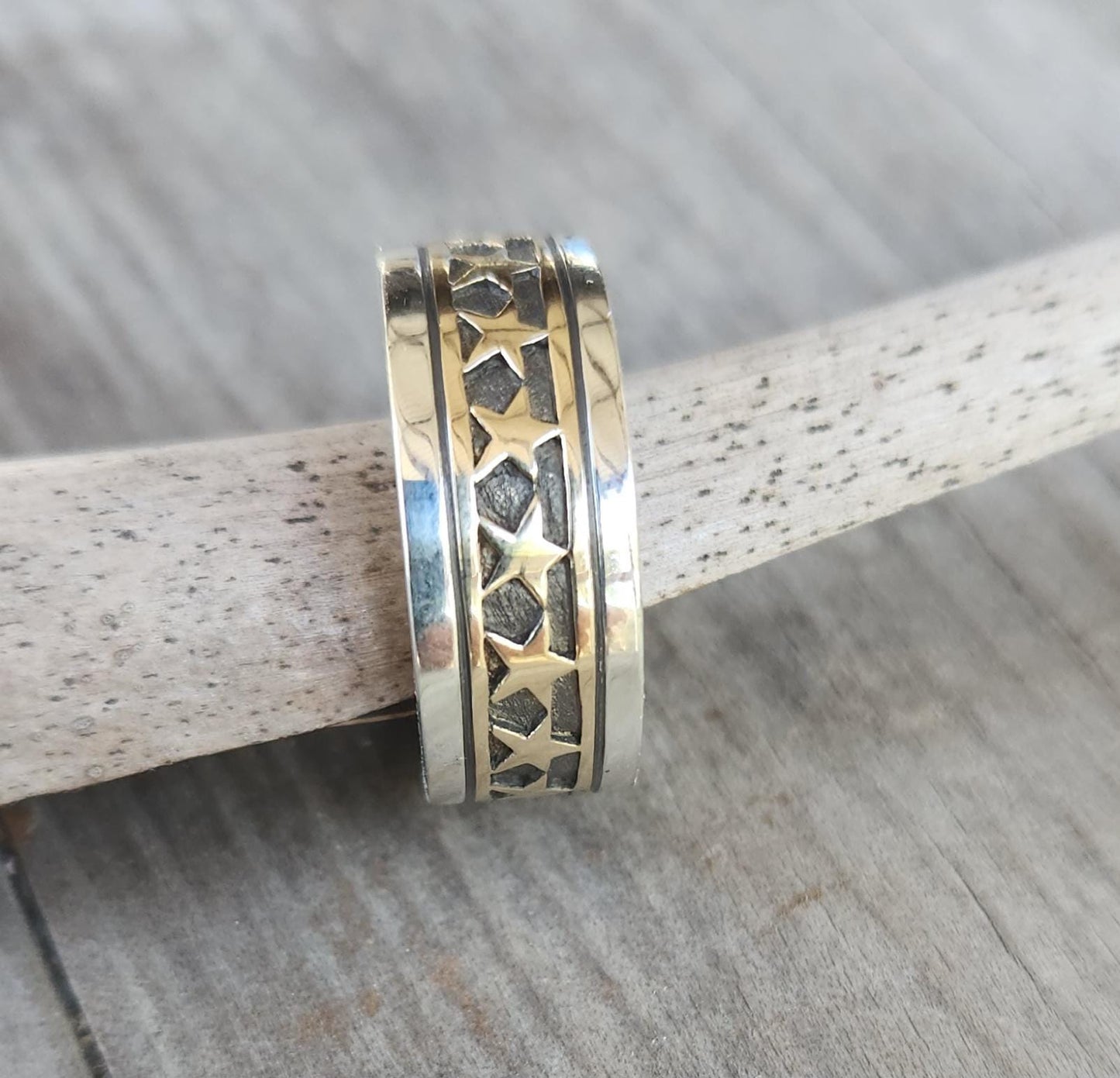 Gold star ring,two tone ring,9k gold and sterling silver,plain mixed metal band.