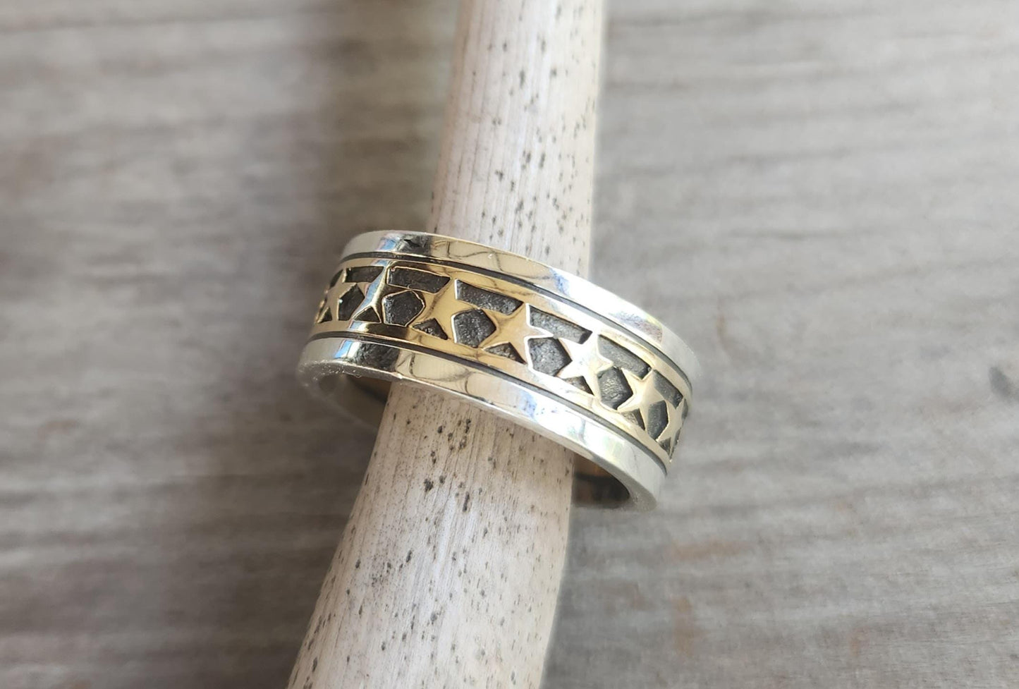 Gold star ring,two tone ring,9k gold and sterling silver,plain mixed metal band.