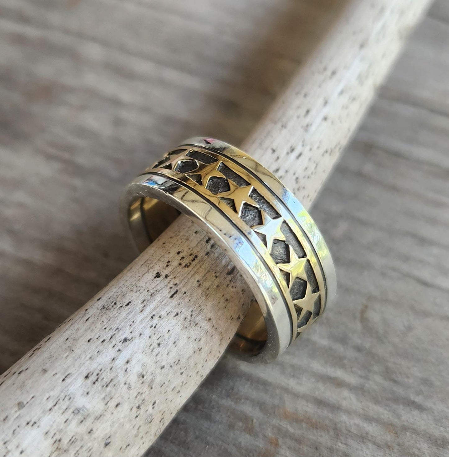 Gold star ring,two tone ring,9k gold and sterling silver,plain mixed metal band.