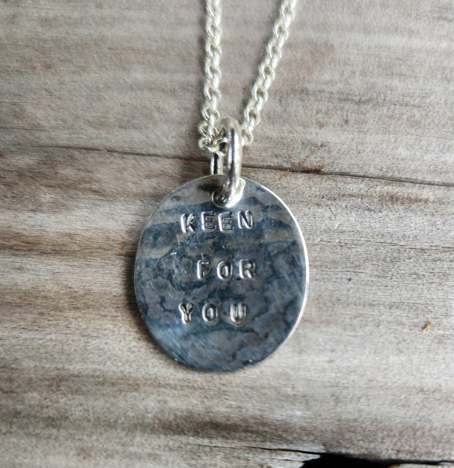 Keen for you Cupid,lovers disc, hammered sterling silver,stamped ID tag,gypsy,hippy boho