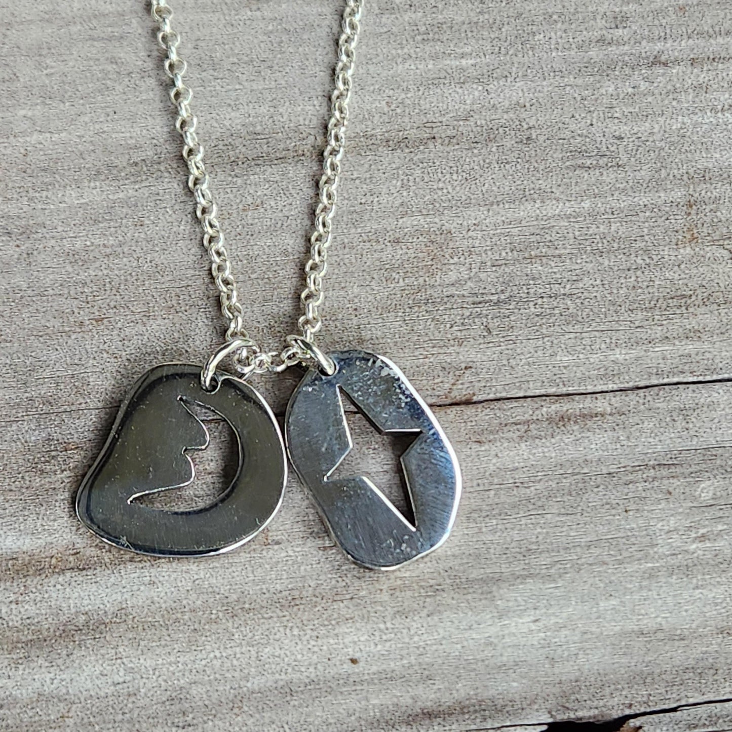 star pendant,sterling silver,moon,crescent jewelry,handmade tags,cut out moon and star,goddess