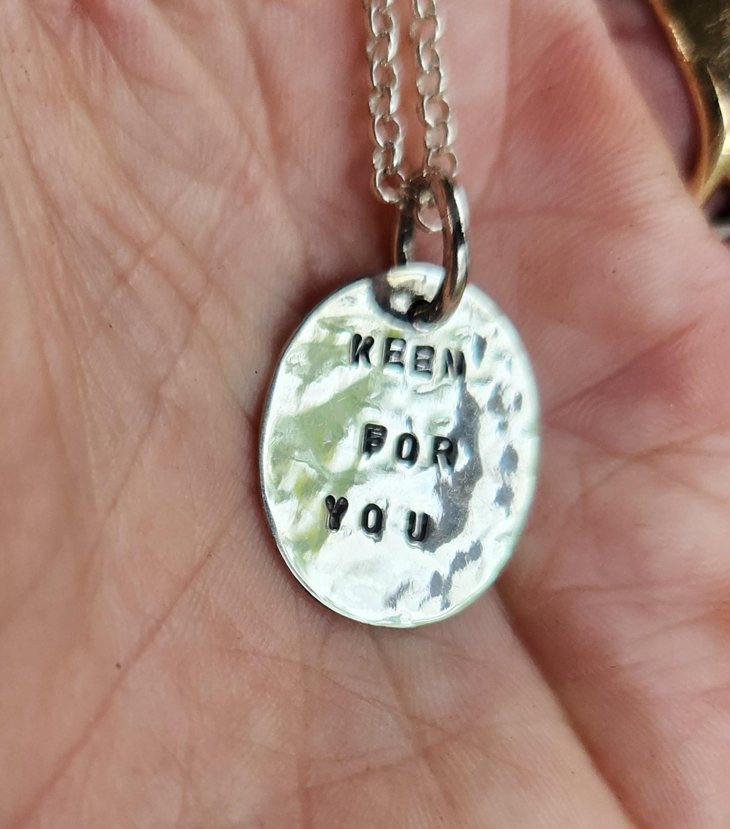 Keen for you Cupid,lovers disc, hammered sterling silver,stamped ID tag,gypsy,hippy boho