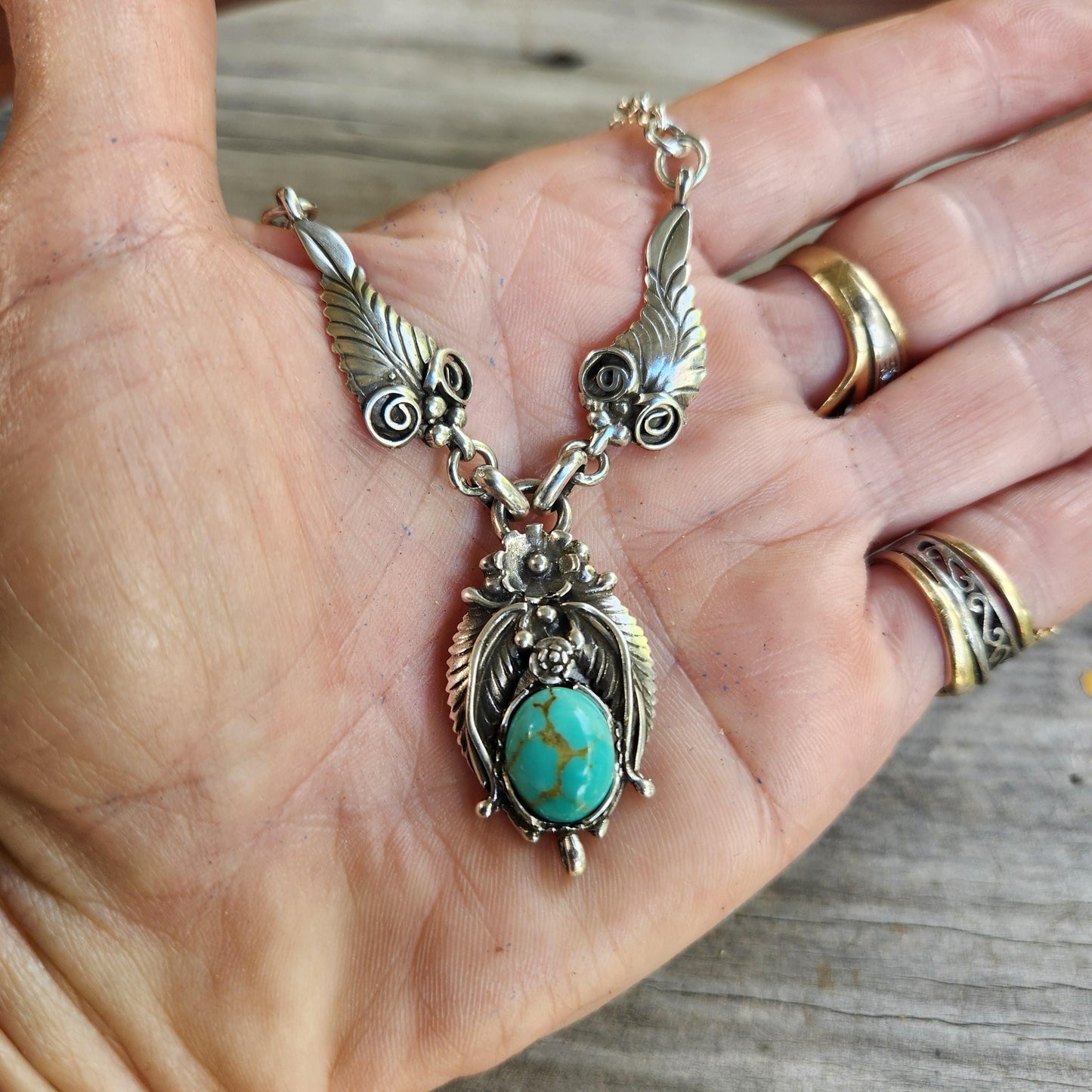 Large Turquoise necklace,925 sterling silver, Navajo Indian inspired,tribal,boho shic,handmade,stone pendant,goddess,gypsy,ethic,hippy
