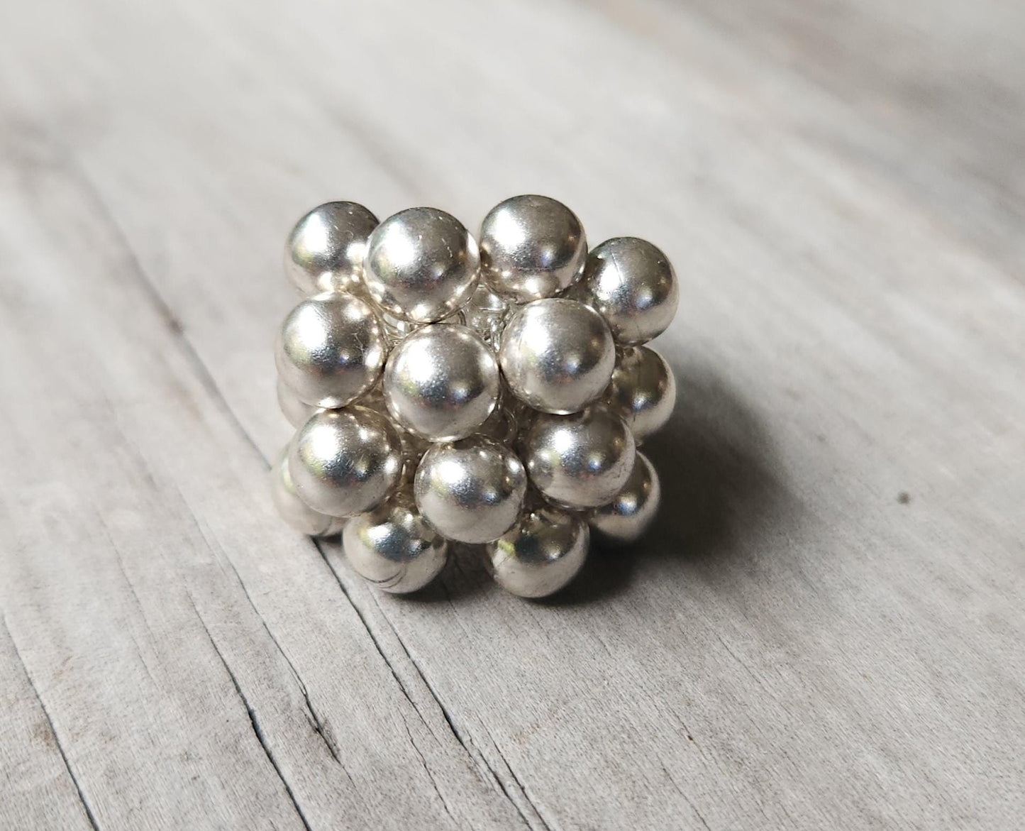 Wide ball ring,925 sterling silver,large chunky 90's band with free moving balls,very long ring..