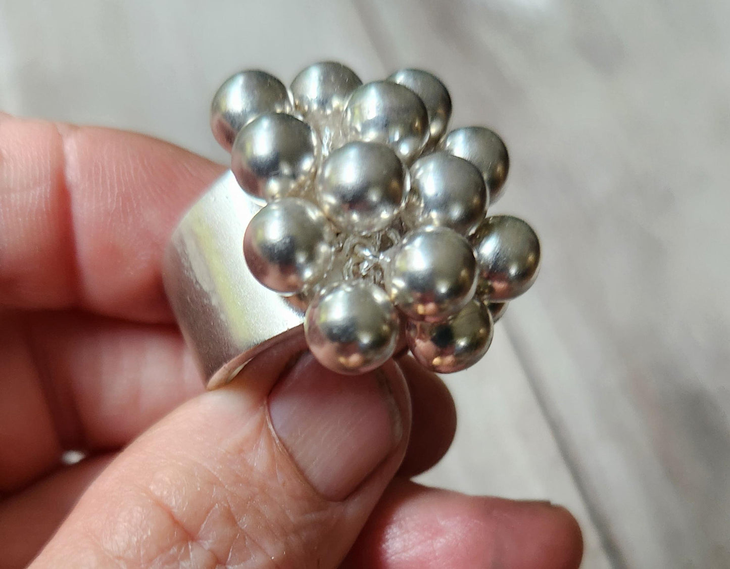 Wide ball ring,925 sterling silver,large chunky 90's band with free moving balls,very long ring..
