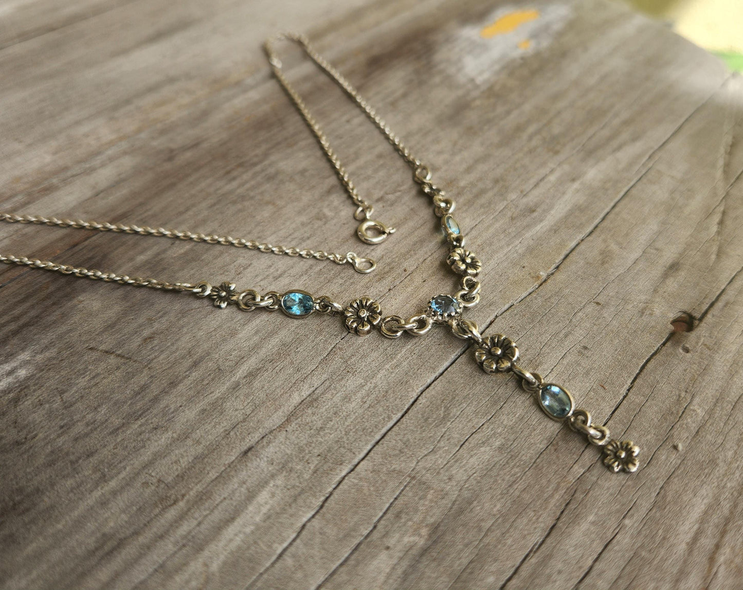Blue topaz necklace, 925 sterling silver choker,flowers and gemstones on a silver chain,rockabilly boho