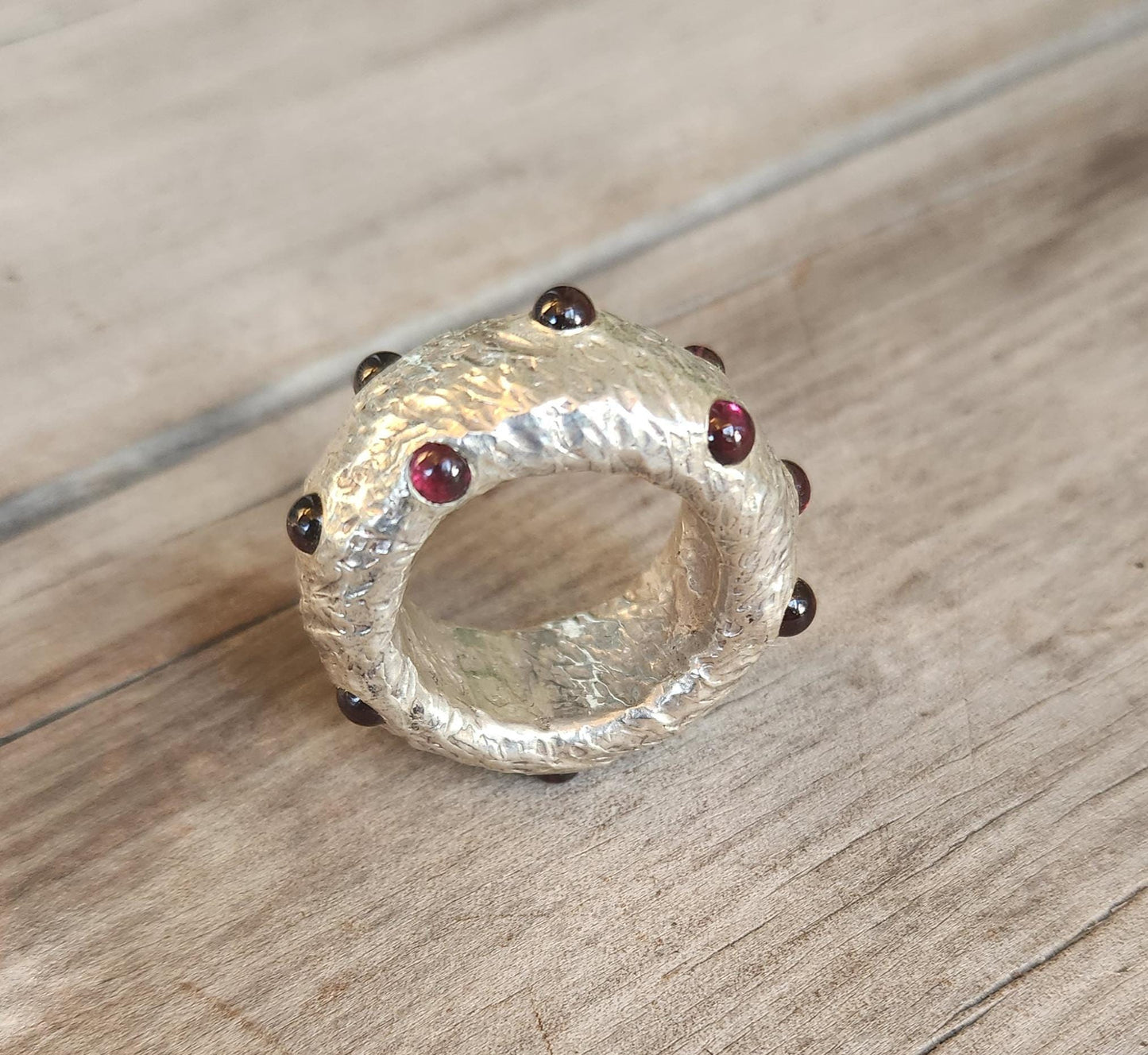 Wide heavy silver ring,garnets,925 sterling silver.13mm hammered band,chunky thick solid sterling silver band,steampunk,wedding dress ring