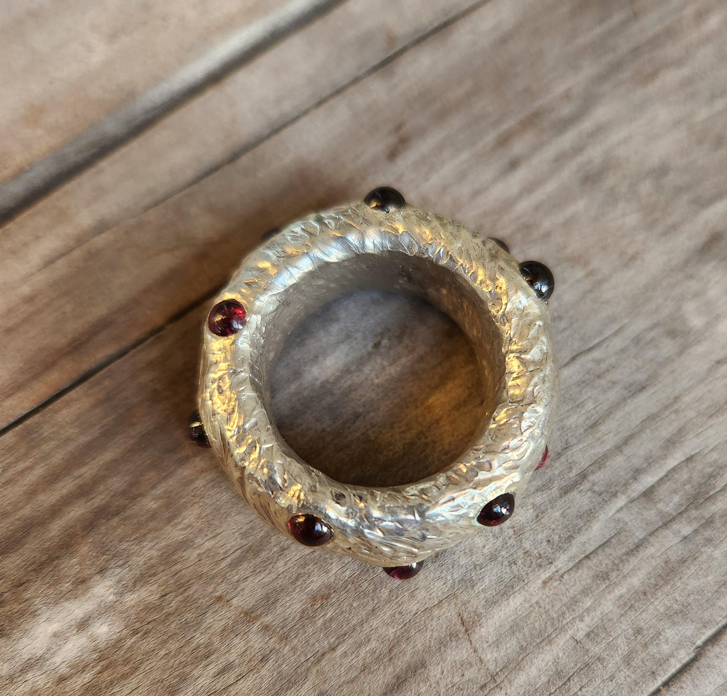 Wide heavy silver ring,garnets,925 sterling silver.13mm hammered band,chunky thick solid sterling silver band,steampunk,wedding dress ring