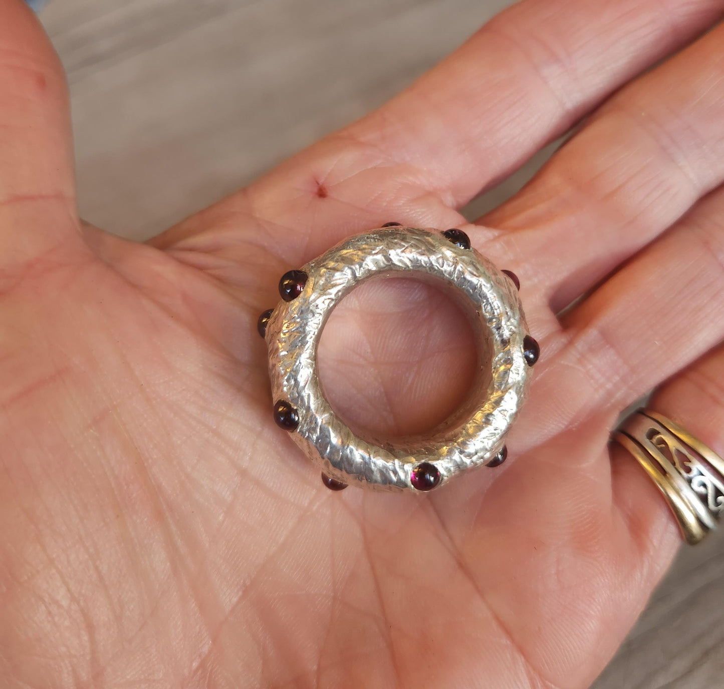 Wide heavy silver ring,garnets,925 sterling silver.13mm hammered band,chunky thick solid sterling silver band,steampunk,wedding dress ring