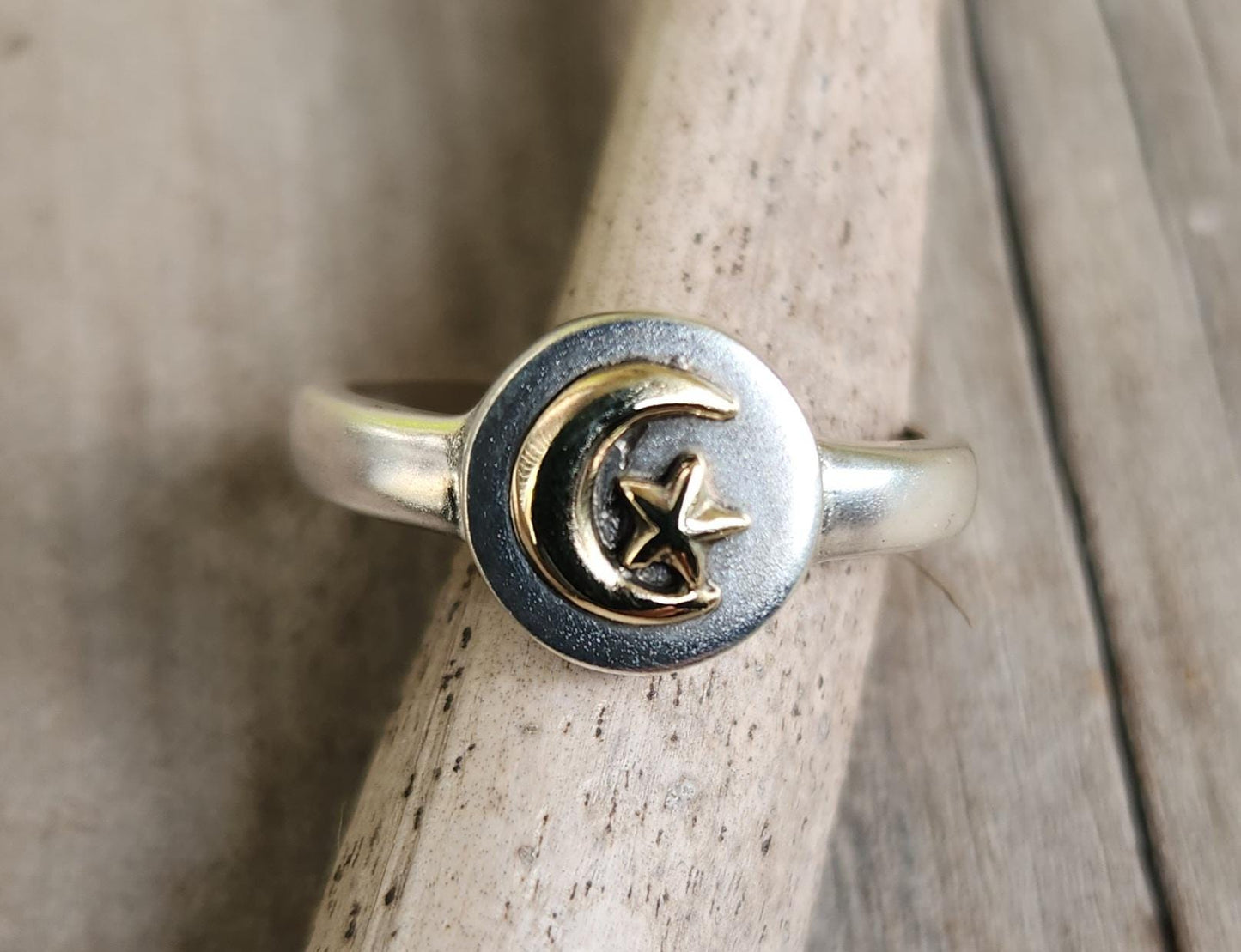 Gold star Moon ring,9k gold on 925 sterling silver, mixed metal crecent moon,two tone band,goddess ring,