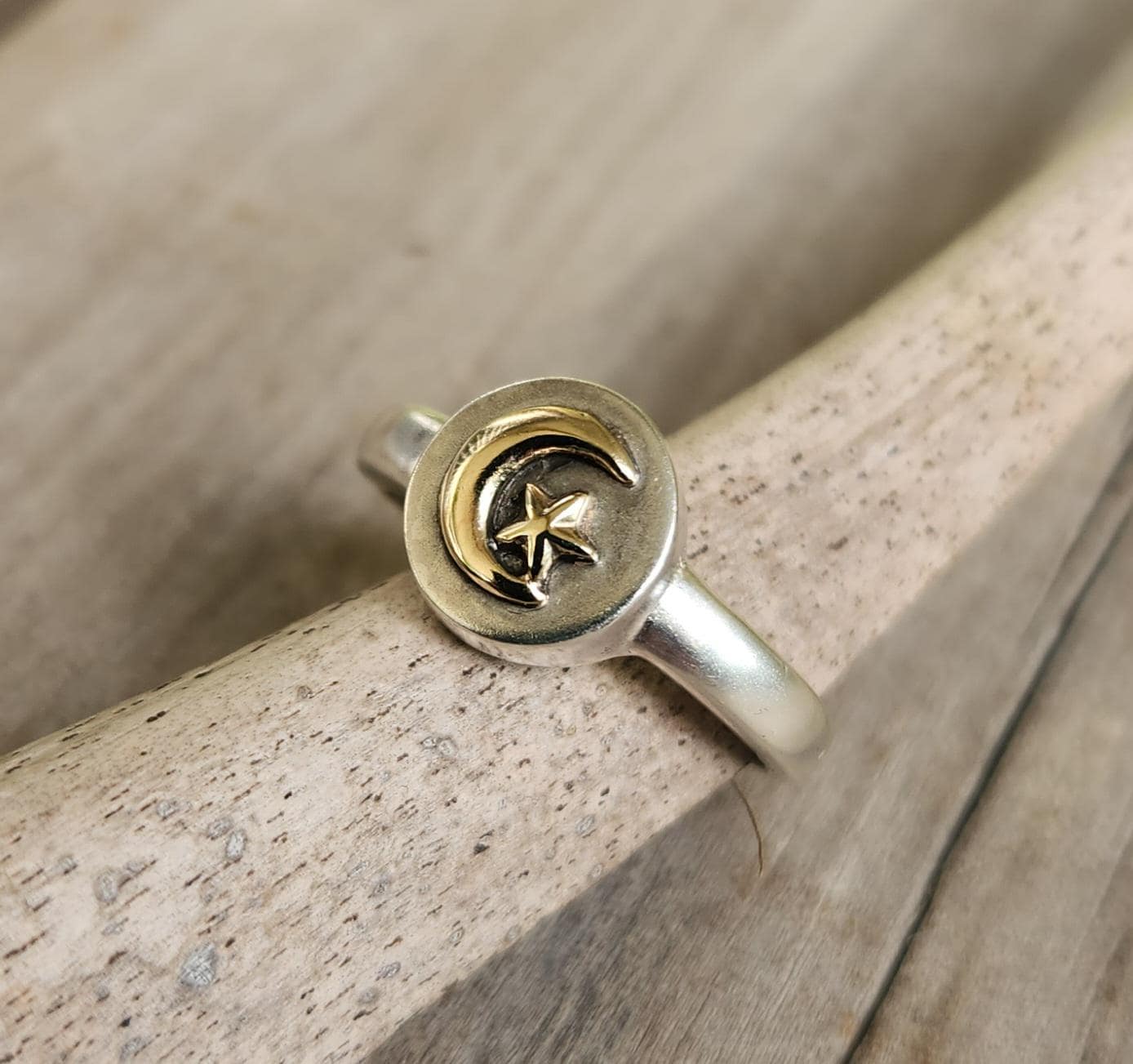 Gold star Moon ring,9k gold on 925 sterling silver, mixed metal crecent moon,two tone band,goddess ring,