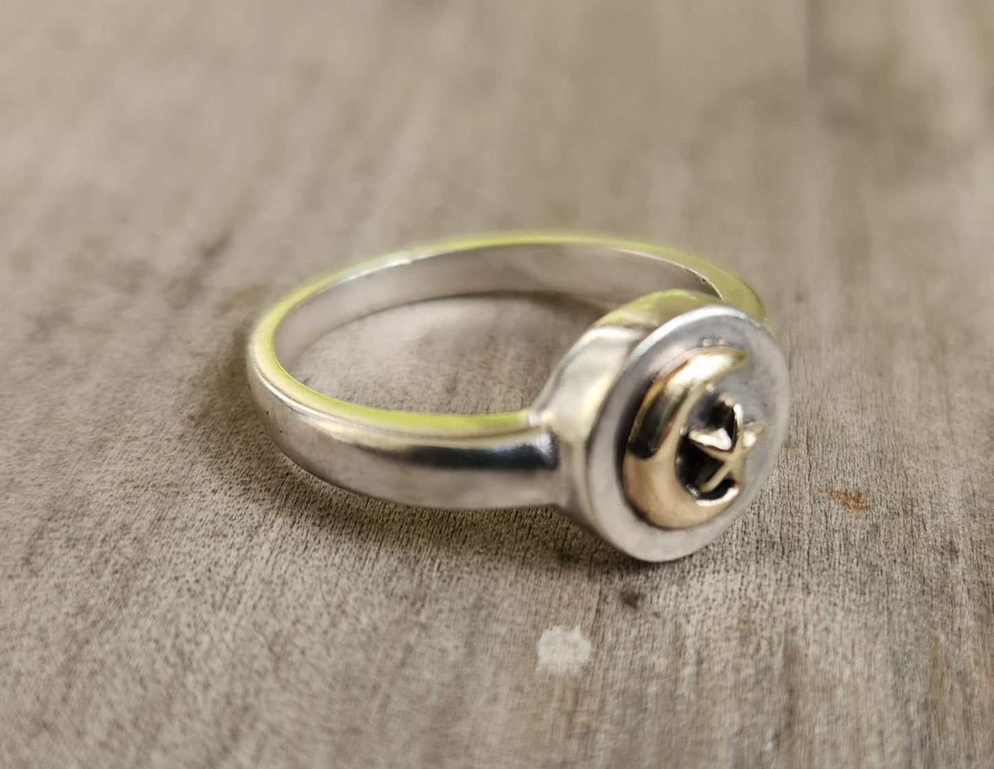 Gold star Moon ring,9k gold on 925 sterling silver, mixed metal crecent moon,two tone band,goddess ring,