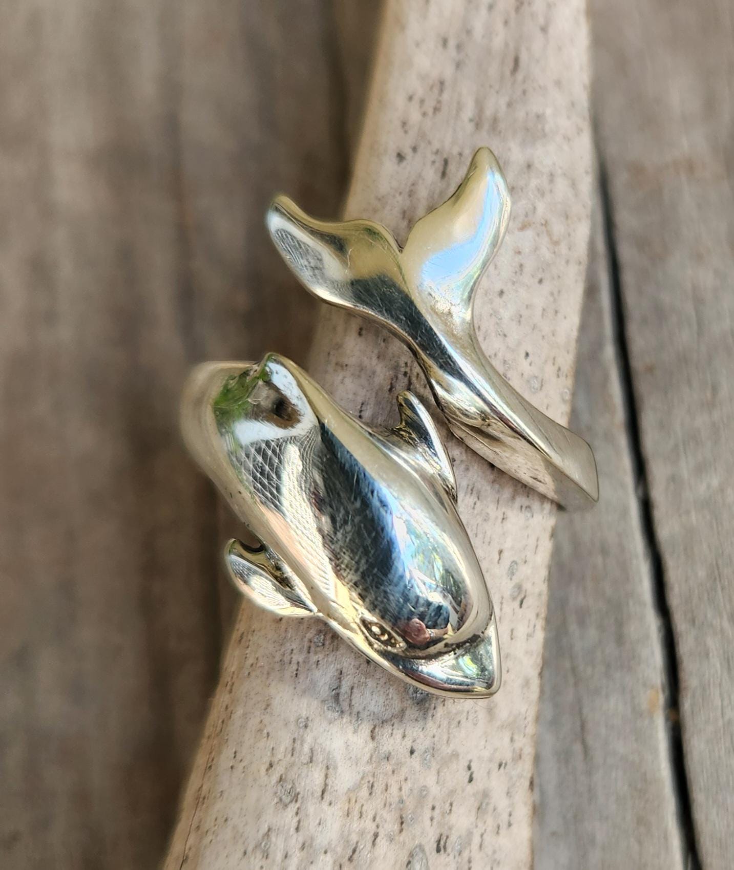 Large dolphin ring,925 sterling silver,silver adjustable band,porpous, surf wrap around ring