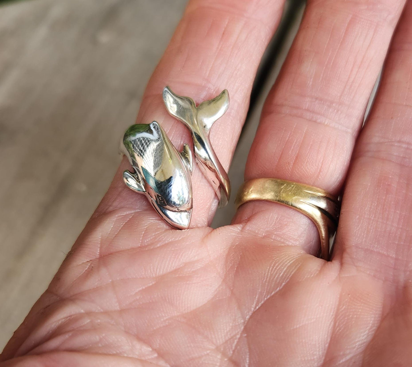 Large dolphin ring,925 sterling silver,silver adjustable band,porpous, surf wrap around ring