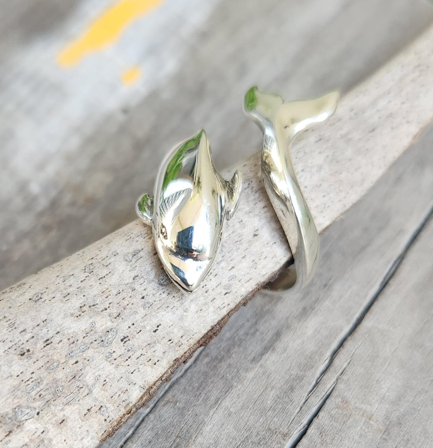 Large dolphin ring,925 sterling silver,silver adjustable band,porpous, surf wrap around ring
