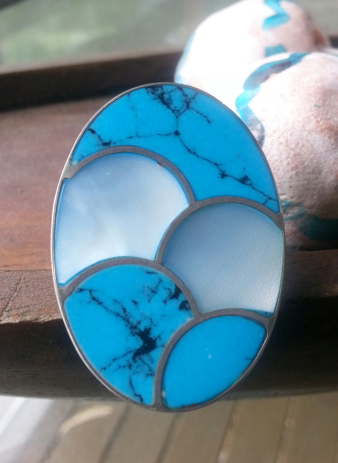 Large oval ring,925 sterling silver,inlay turquoise and mother of pearl,boho, goddess ring,new age,shell ring,mosaic,chunky ring,gypsy,