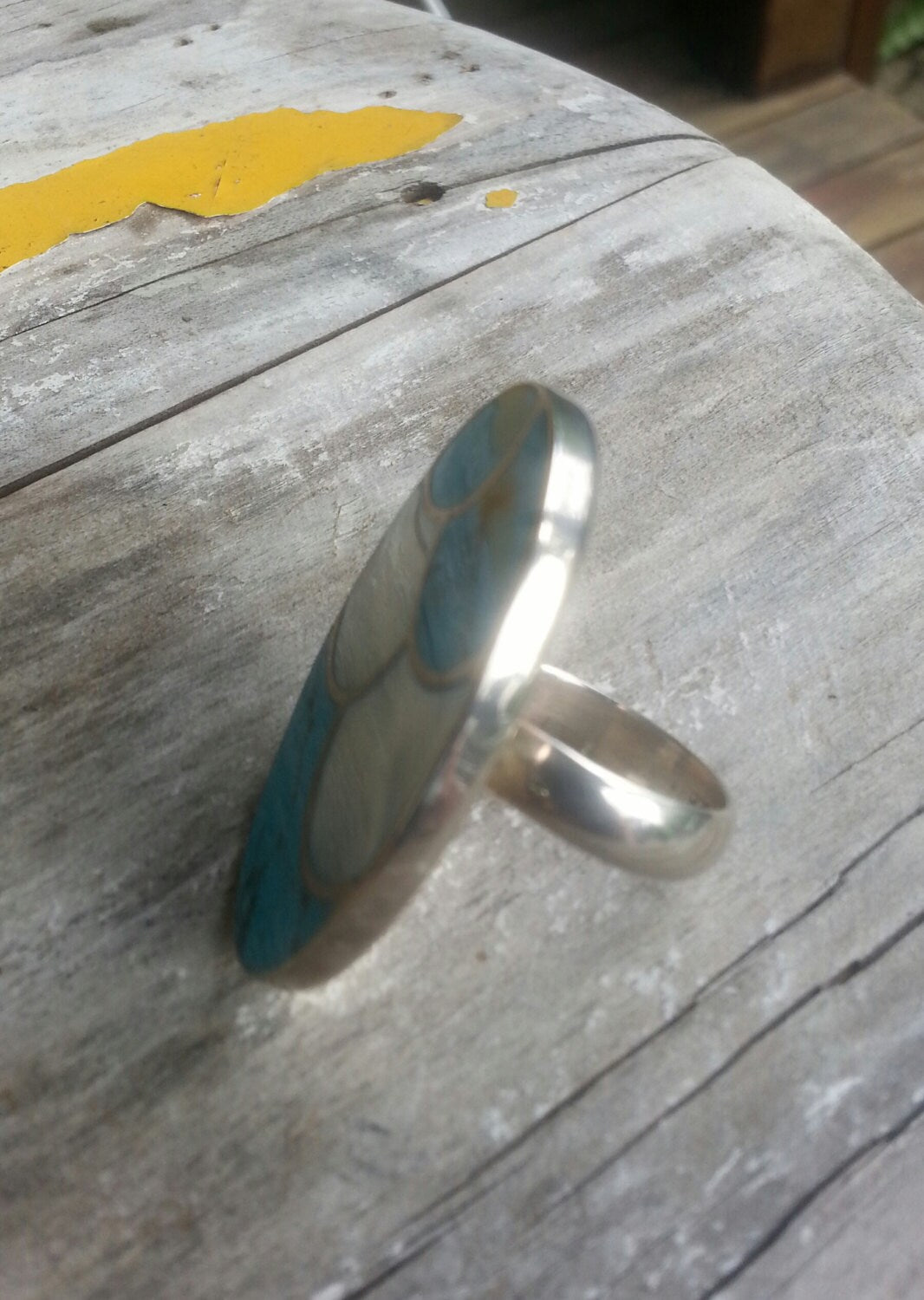 Large oval ring,925 sterling silver,inlay turquoise and mother of pearl,boho, goddess ring,new age,shell ring,mosaic,chunky ring,gypsy,