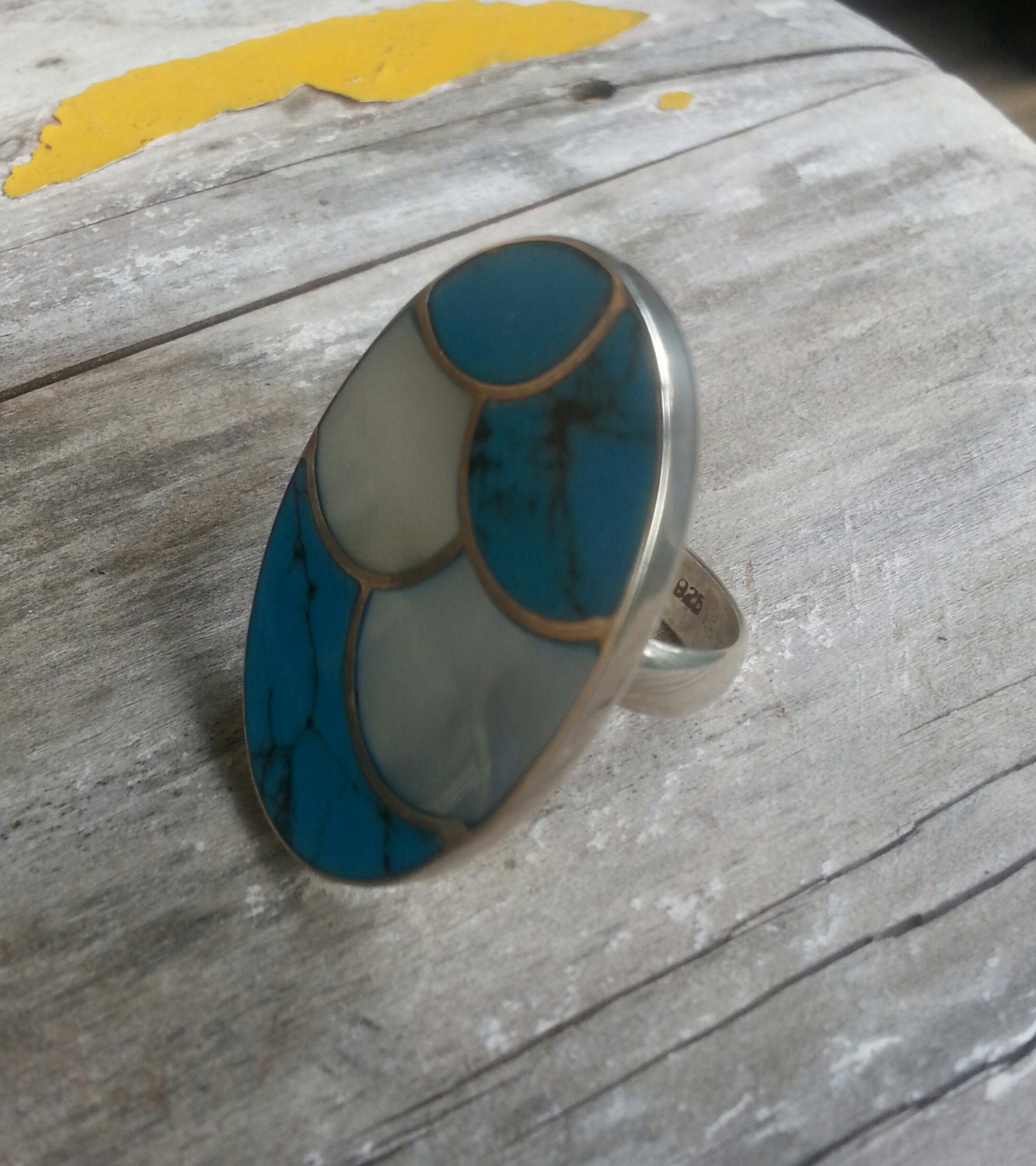 Large oval ring,925 sterling silver,inlay turquoise and mother of pearl,boho, goddess ring,new age,shell ring,mosaic,chunky ring,gypsy,