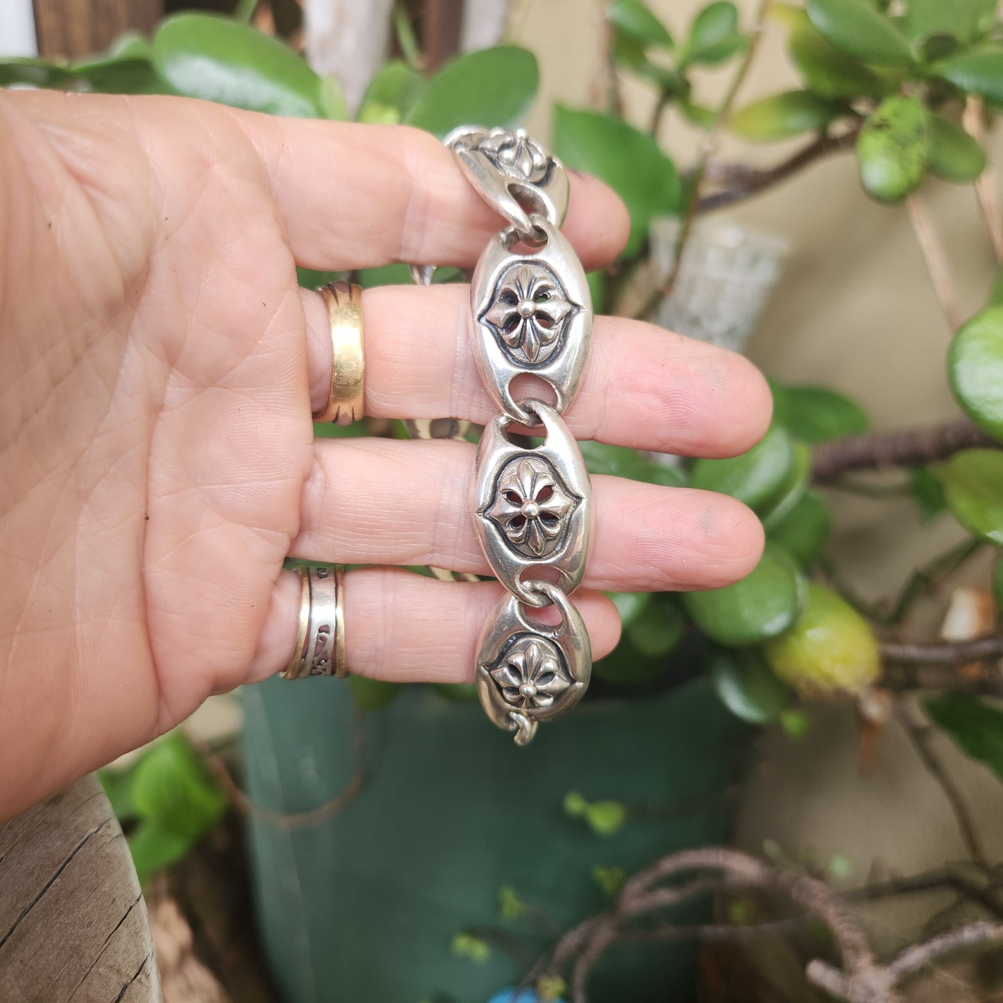 Heavy silver bracelet,925 sterling silver,Fluer-de-Lis link, handmade,unisex,boho,