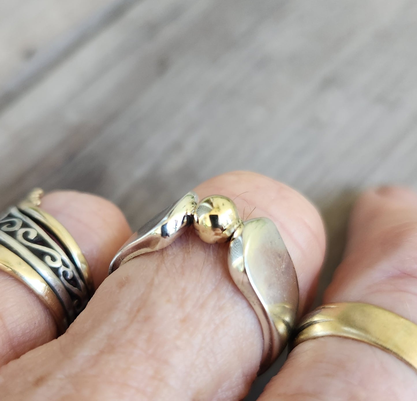 9k ball ring,925 sterling silver,two tone band,mixed metal band,
