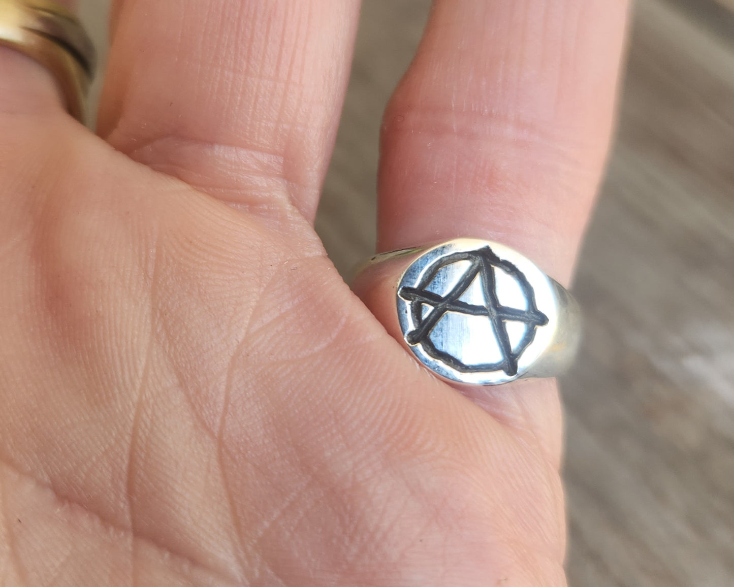 Anarchy ring,small, round top, sterling silver, signet,pinkie ring, punk,alternative, steampunk,handmade,sid vicious,rebel,biker,