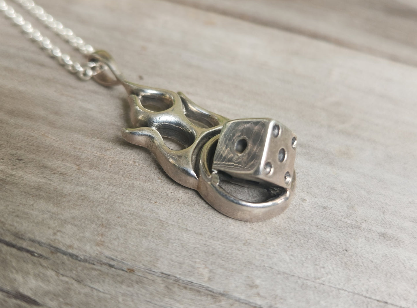 Flame dice pendant, 925 sterling silver,gambling,rockabilly,muscle car pendant