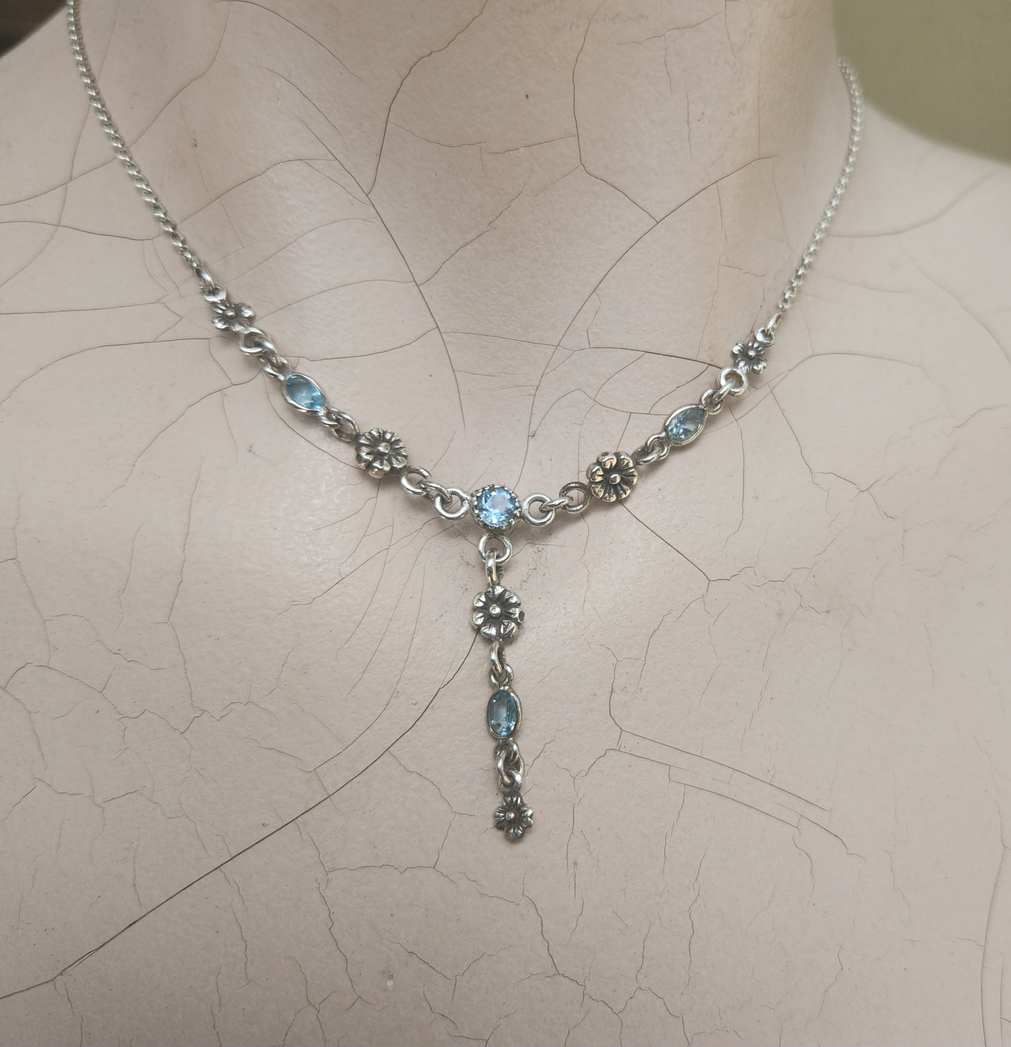 Blue Topaz necklace,925 sterling silver,choker,flowers and gemstones