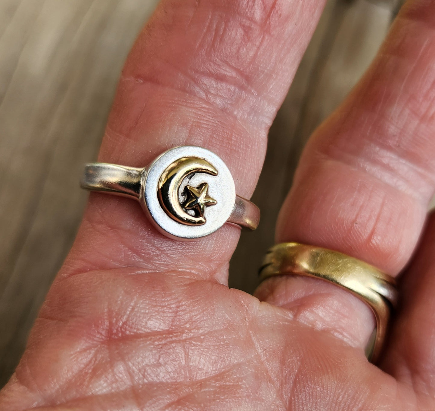 9K Moon Star ring on sterling silver signet ring.two tone, mixed metal