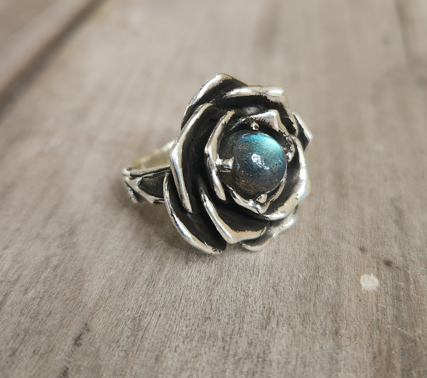 Rose ring,Labradorite,sterling silver,chunky handmade,large rose,boho,chunky ring steampunk, gothic,art nouveau ,victorian
