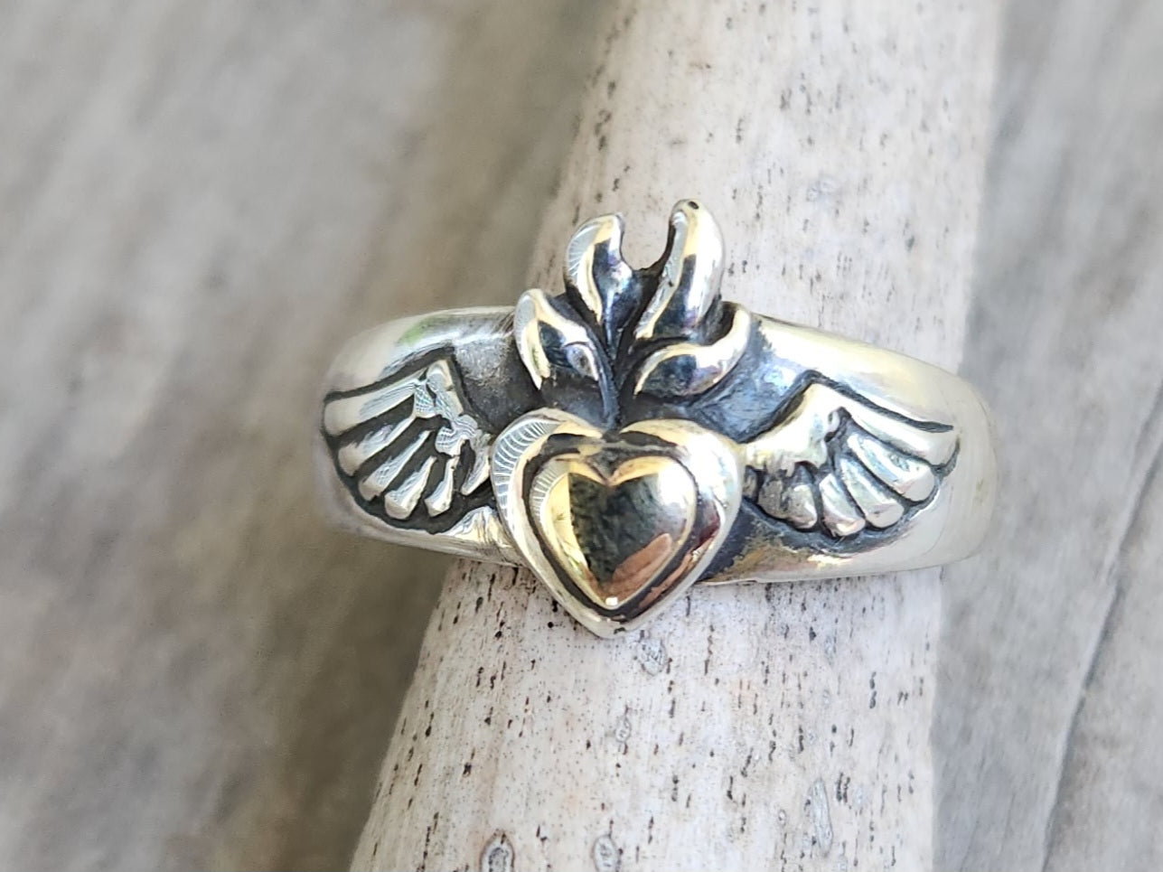 gold sacred heart ring,9k heart and sterling silver,winged goddess band,