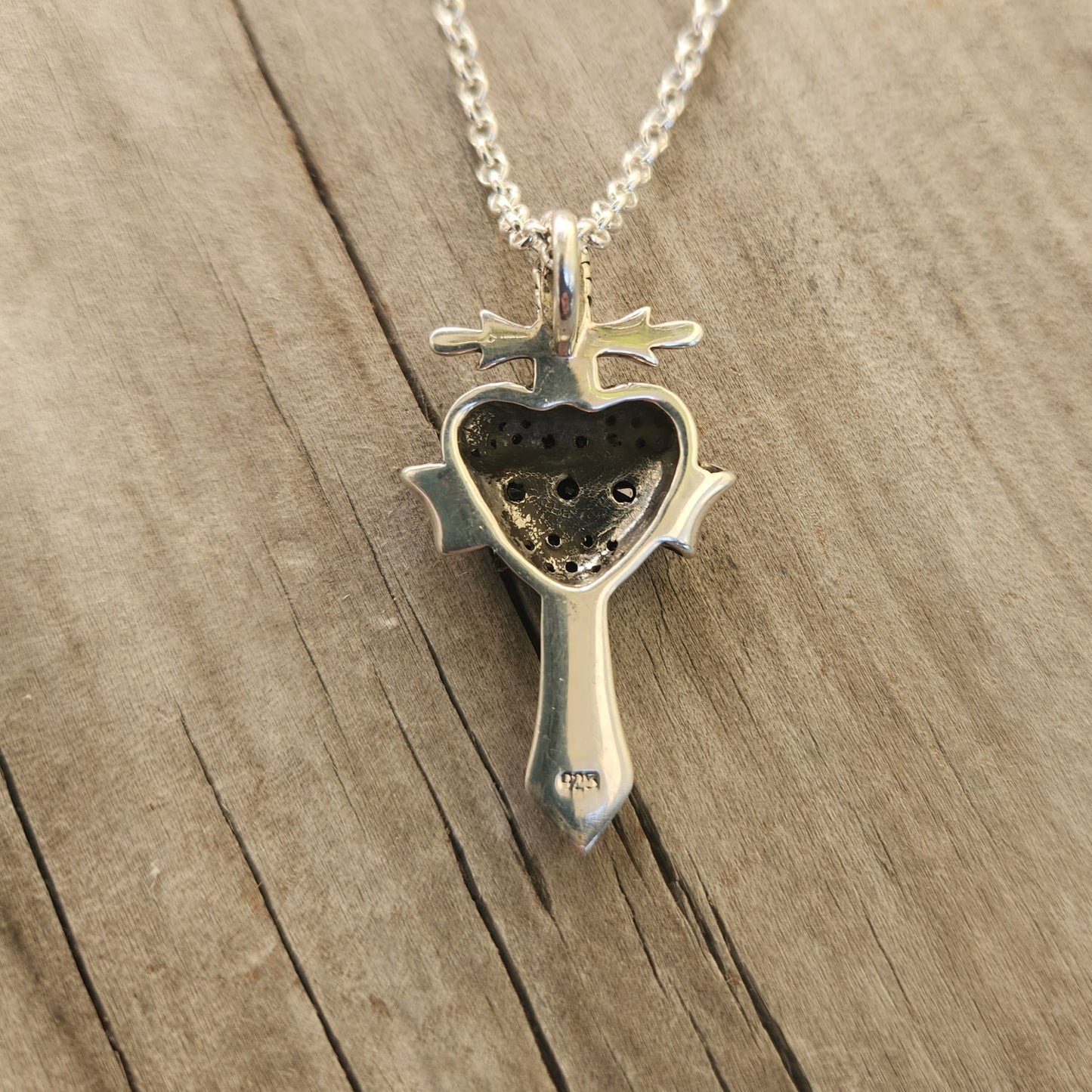 Heart sword pendant, 925 sterling silver,black cz heart,cubic zirconia dagger pendant