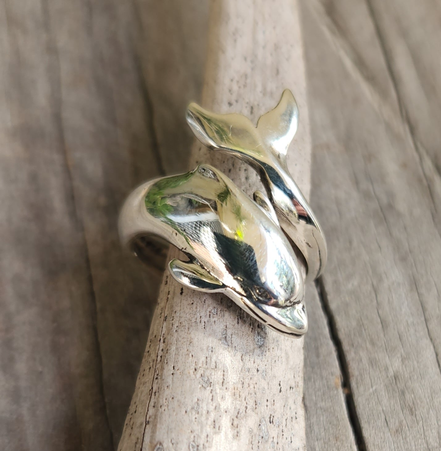 Large dolphin ring,925 sterling silver,adjustable porpous surf wrap around ring