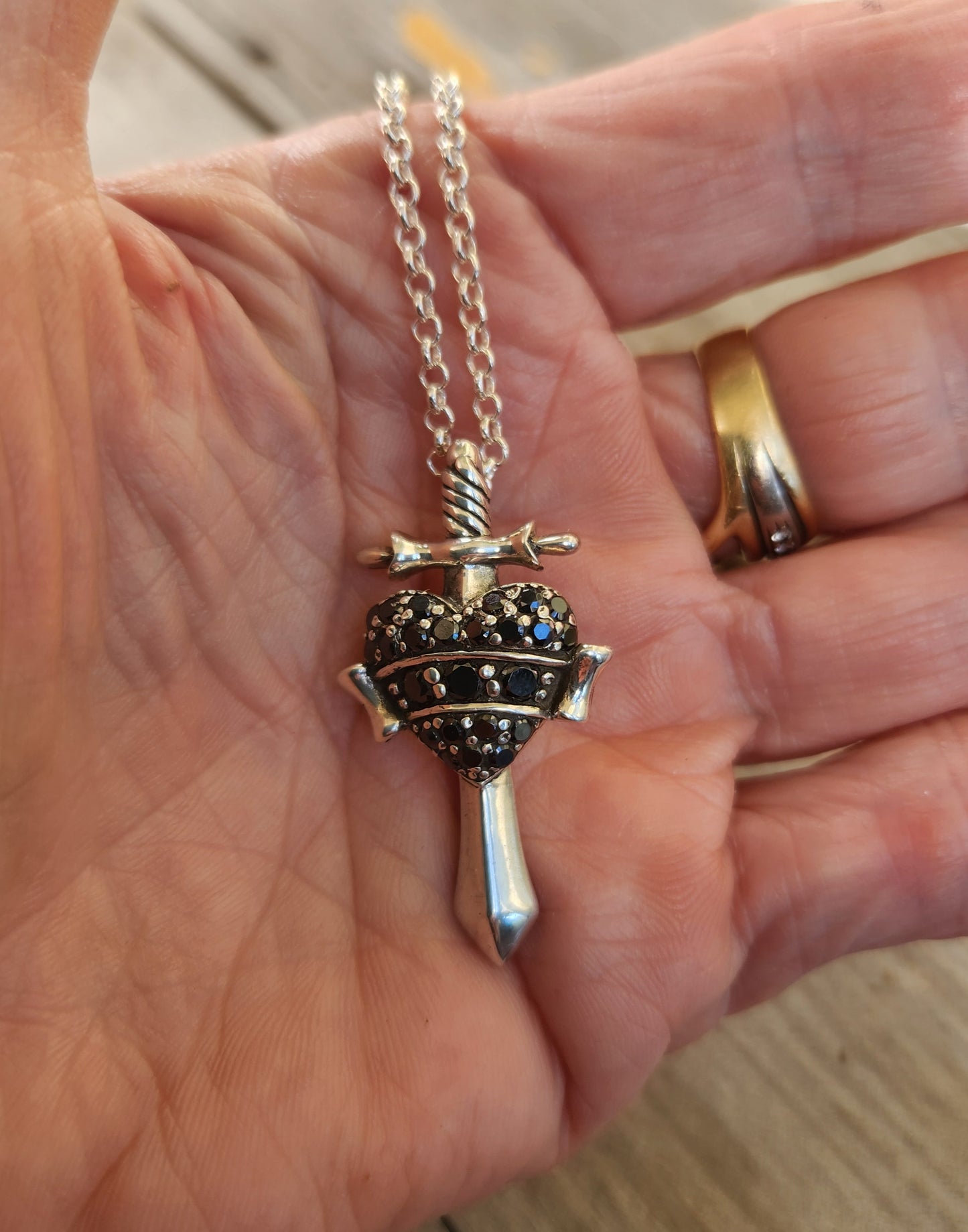 Heart sword pendant, 925 sterling silver,black cz heart,cubic zirconia dagger pendant